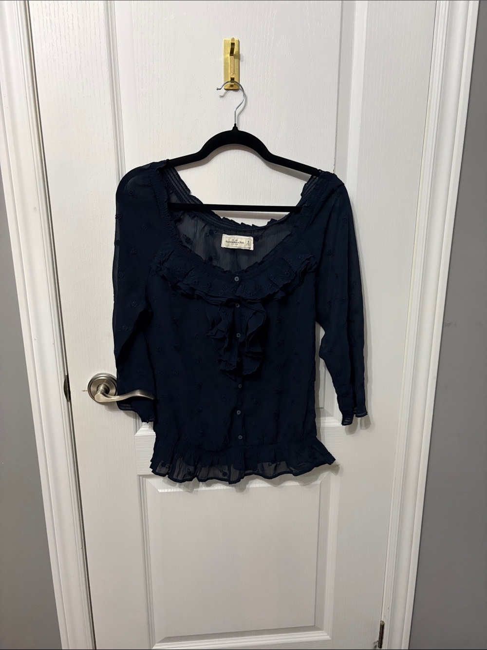 Abercrombie & Fitch Navy Ruffle Tie-Front Peasant Blouse